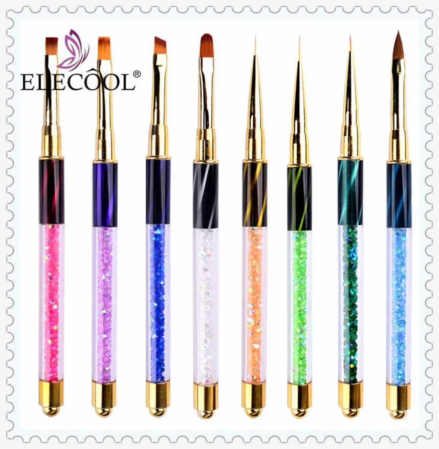 

ELECOOL 8 Colors Nail Art Brush Pen Rhinestone Cat Eye Acrylic Handle Carving Painting Gel Nail Extension Manicure Liner pen