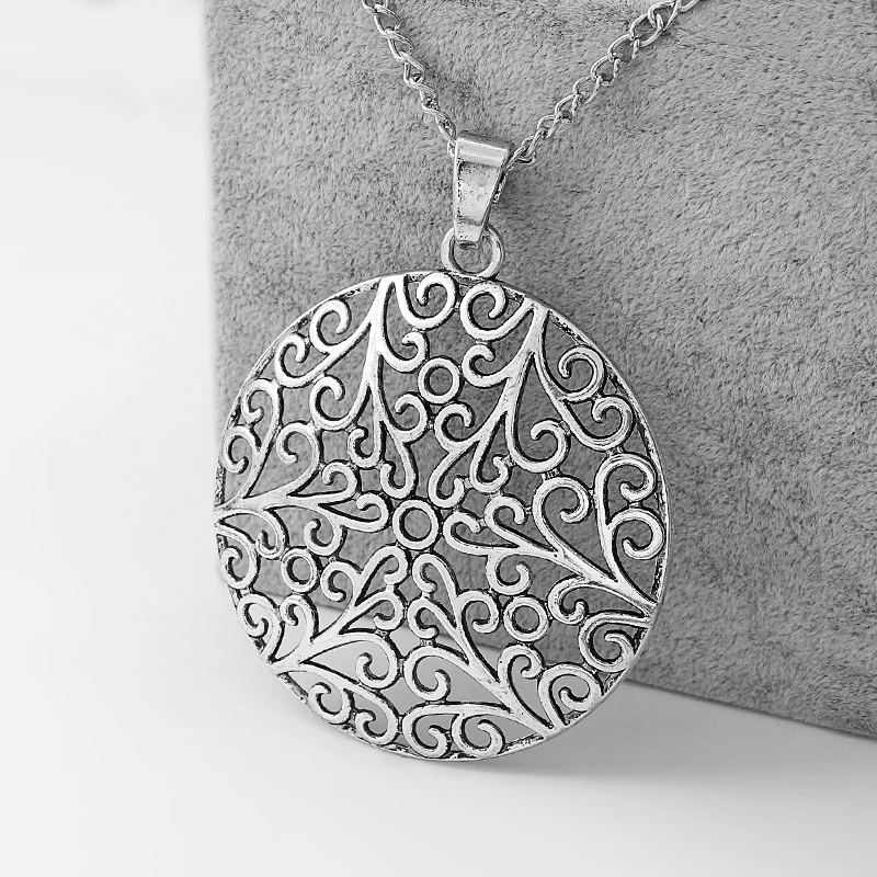 

1PCS Antique Silver Large Round Hollow Flower Filigree Pendant Link Chain Necklace Lagenlook