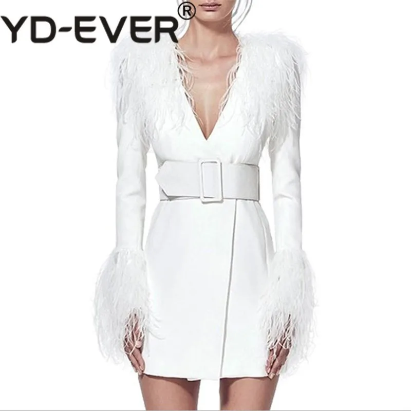 

Patchwork Feather Tassel Dresses Women V Neck High Waist Long Sleeve With Belt Dress Female 2019 Autumn Fashion FL953