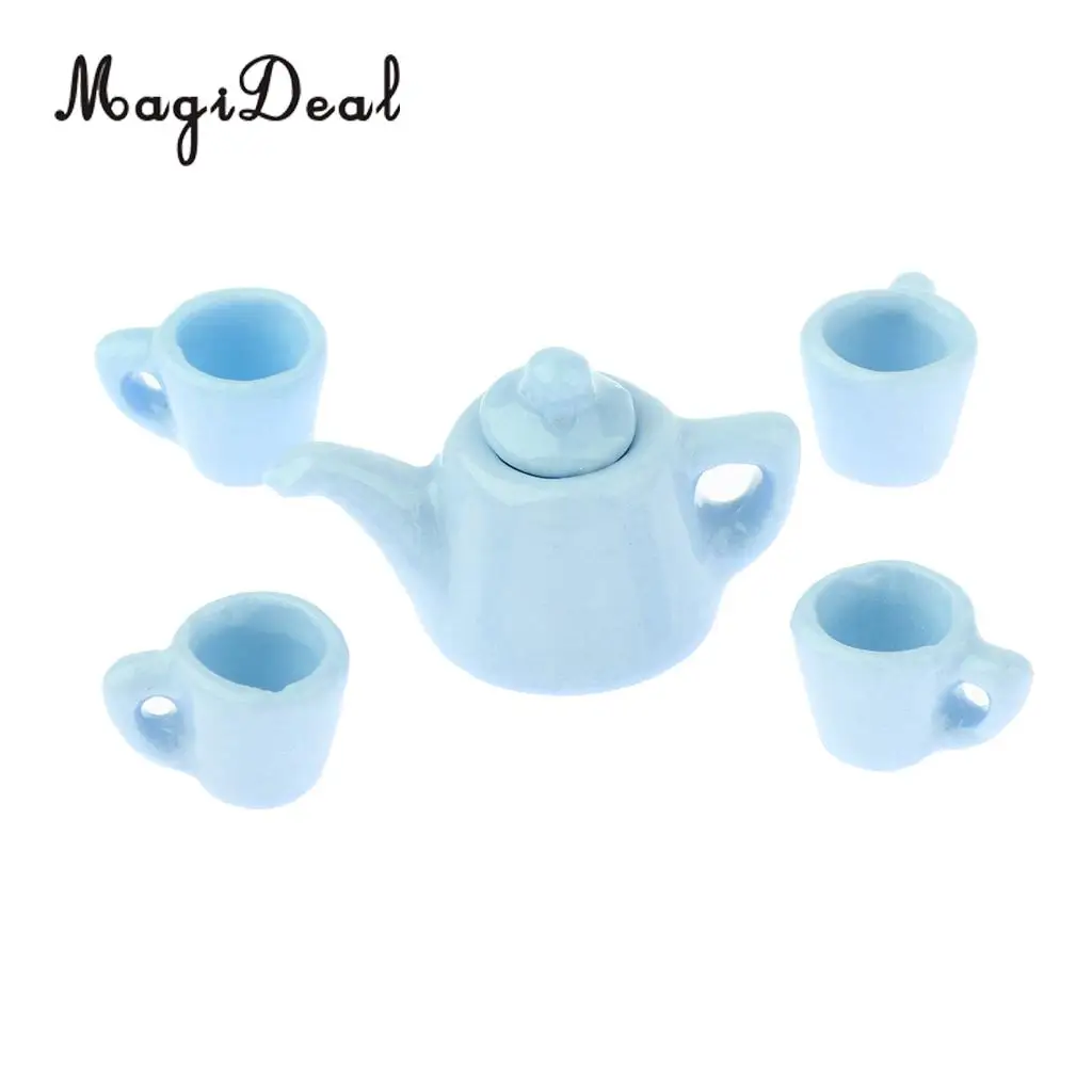5 Pieces 1/12 Dollhouse Miniatures Dining Ware Porcelain Tea Cup Set Kitchen Accessory Blue