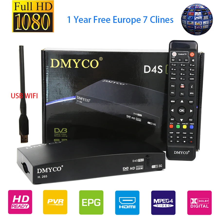 

DMYCO HD TV Satellite Receiver D4S Pro Support DVB-S2 YouTube H.265 MPEG5 1080P +1 Year 7 Cable Channels Spain Satellite Decoder