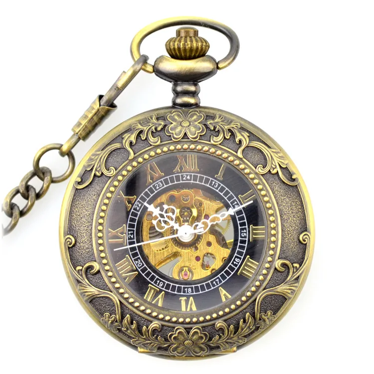 Marrom Esqueleto Mecânica Vento Bolso & Fob Relógios Clamshell Lupa Relógio Masculino Feminino Pingente Caçador Completo Presente Mão