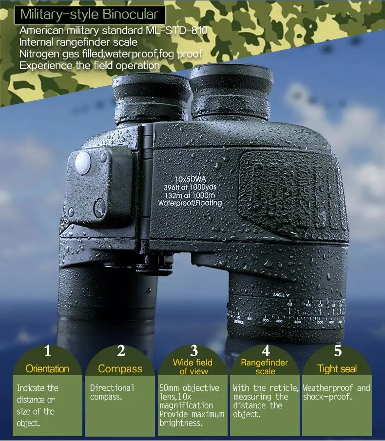 Binóculo da marinha HD 10x50 militar, telescópio