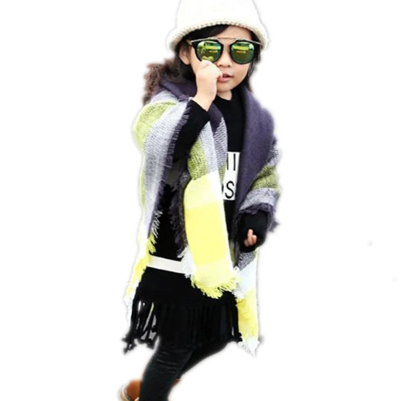 Z Winter Block Shawl Wrap Kids Scarves Brand Check Square Scarf for Children Cashmere Feel Frayed