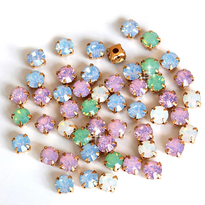 SS28 6mm 100pcs Opal Resin Sew On Rhinestones With Gold Claw Flatback