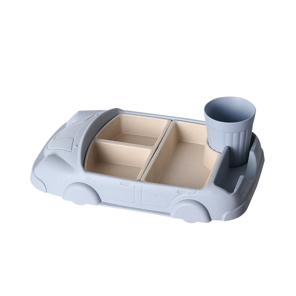 GZZT Bamboo Fiber Baby Dishes Blue Cartoon Car Shape Lunch Box Bowl Children Kid Infant Rice Feeding Plate Dinnerware Sets