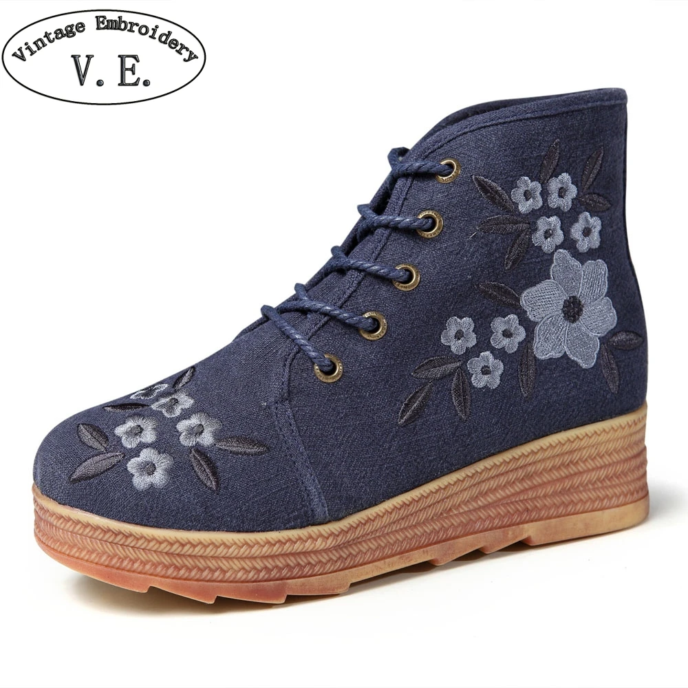 

Vintage Embroidery Women Platform Shoes Ladies Floral Embroidered Lace Up Canvas Shoes High Top Mid Heels Botas Mujer