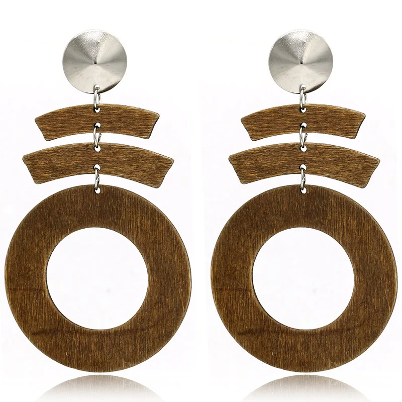 

FLDZF New Wooden Pendant Dangle Silver Earring For Women Drop Earrings Simple Fashion Jewelry Party Accessories Gifts