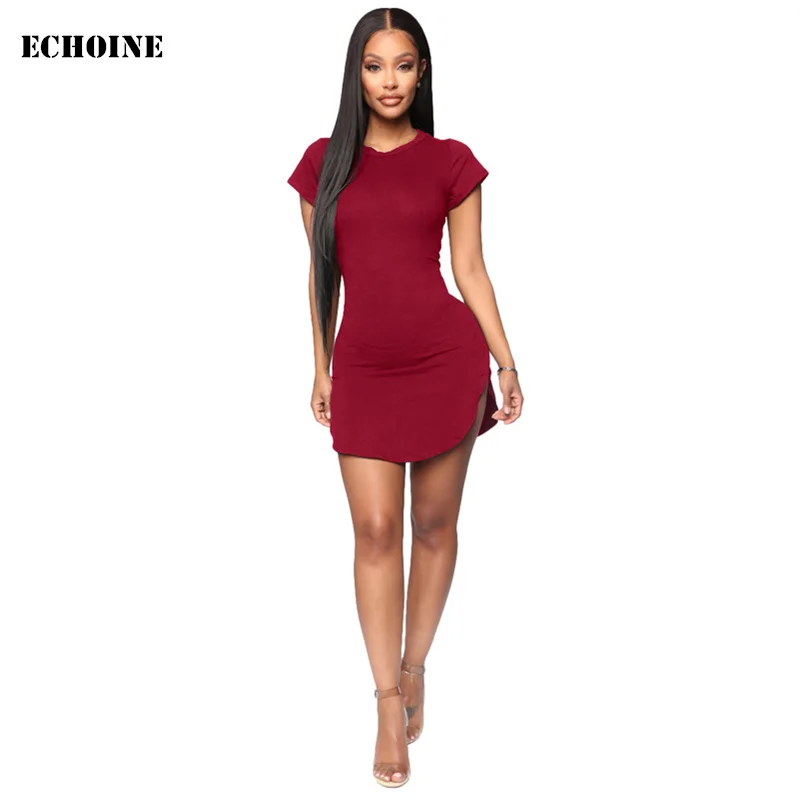 

2019 Summer Women Slim Bodycon Mini Dress Sexy Split O-neck Party Dresses Short Sleeve Skinny Club Outfits Vestidos