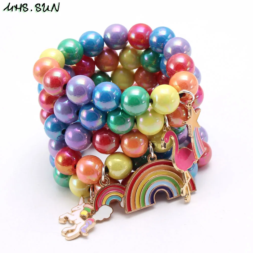 

MHS.SUN Summer Style Kids Colorful Beads Chunky Bracelet Elastic Baby Girls Beaded Bangles With Charming Pendant Fashion Jewelry