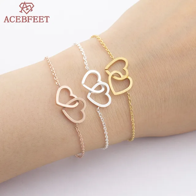 Acebfeet 2018 Double Heart Bracelet Women Jewelry Rose Gold Acebfeet 2018 Double Heart Bracelet Women Jewelry Rose Gold Chain Bilezikler Statement Bijoux Stainless Steel