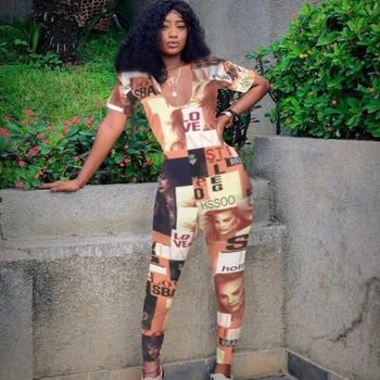 

2019 Fashion Sexy Women's Avatar Letter Pattern Printed Jumpsuit High Waist Slim Temperament Women's Clothing K8037