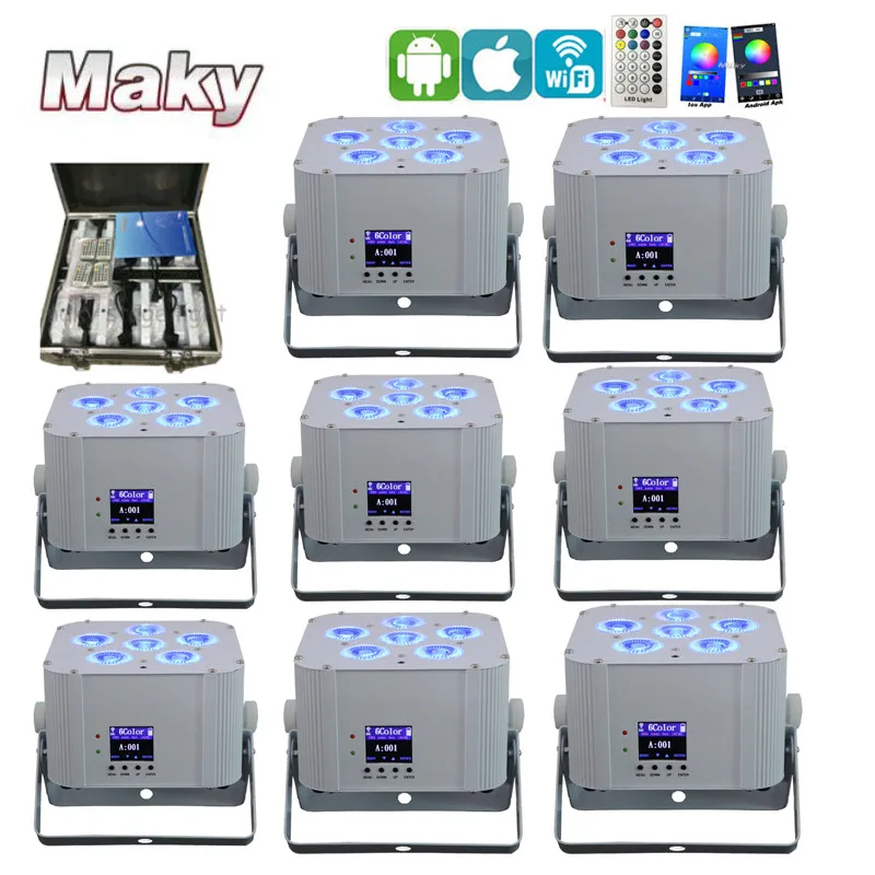 8XLOT with fly case single color 20hours 6 pcs * 18w rgbwa uv 6in1 Wireless dmx uplight Battery Powered led stage wash lights | Лампы и