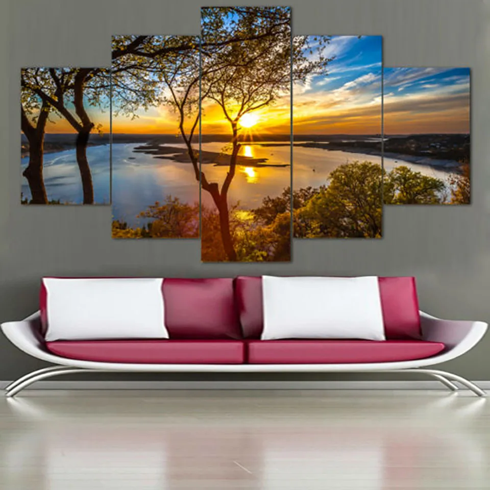 Posters Tree Wall Art Home Decor Modern 5 Panel Beautiful Sunrise Natural Landscape HD Print Painting Modular Pictures Canvas