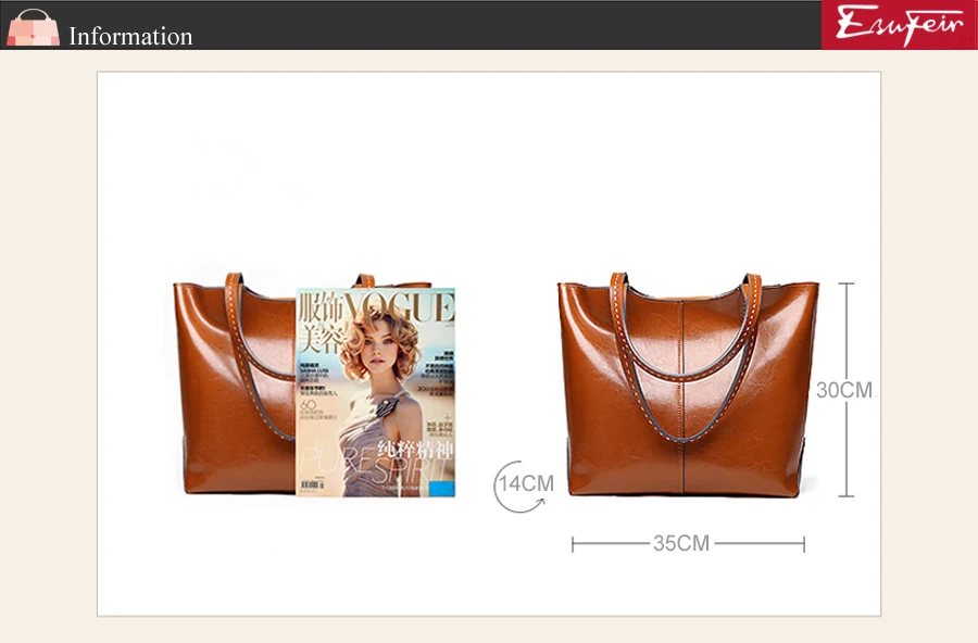Бренд ESUFEIR, модная женская сумка из натуральной кожи, женская сумка из мягкой вощеной кожи, сумка на плечо, большая вместительность, повседневная сумка