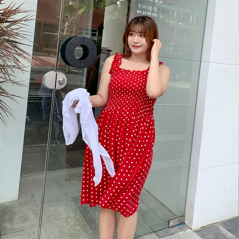 

New fashion Korean version of plus-size women's dress summer new style wave point sling dress 2097