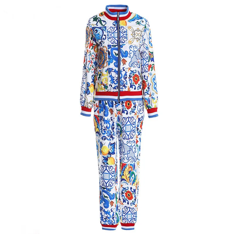 Svoryxiu 2018 Runway Autumn Winter Fashion Trousers Two Piece Set Long Sleeve Coat + Casual Pants Painted Pottery Print Suit Set Svoryxiu 2018 Runway Autumn Winter Fashion Trousers Two Piece Set Long Sleeve Coat + Casual Pants Painted Pottery Print Suit Set