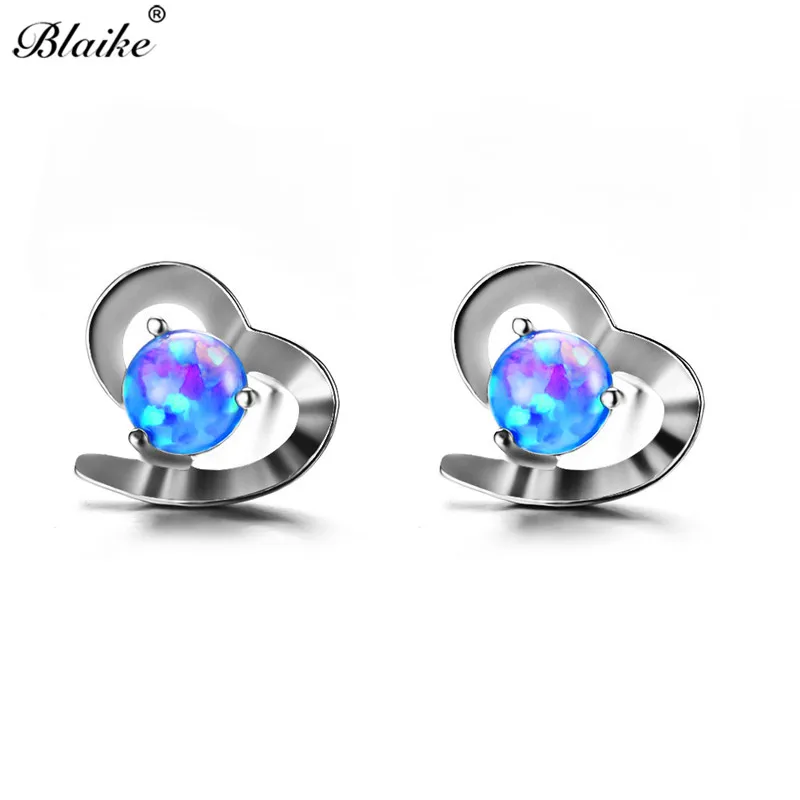 

Blaike 6MM Round White/Blue Fire Opal Stud Earrings For Women Dainty 925 Sterling Silver Filled Heart Earring Wedding Jewelry