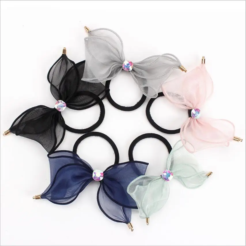 

Women Ribbon Bow Crystal Diamond Rubber Band Hair Accessories Korean Head Rope Headdress Scrunchie Headwear Fashion Princess