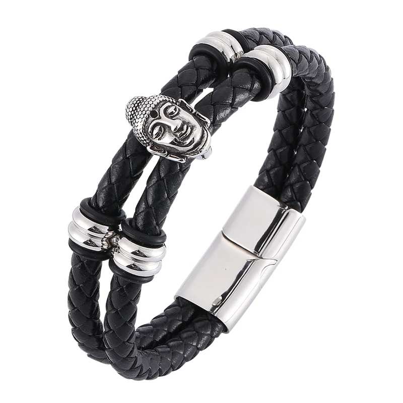 

Fashion Men Jewelry Punk Black Braided Leather Bracelet Trendy Stainless Steel Buddha Bracelet Male Magnetic Clasp Bangle SP0329