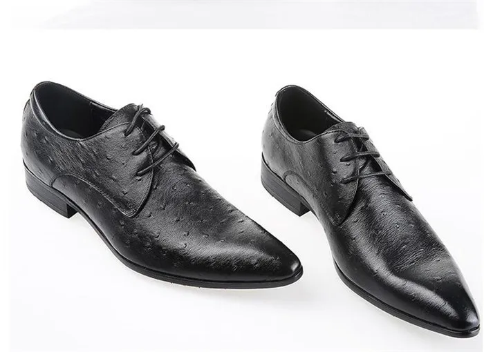 Fashion blue ostrich grain leather shoes European British business men's shoes pointed toe lace-up leather shoes black