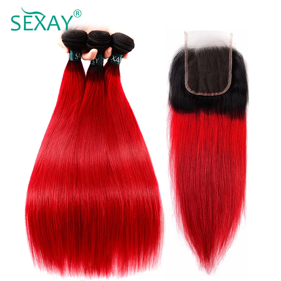 Ombre Bundles With Closure Dark Roots Ombre Red Human Hair Brazilian Straight Hair 3 Bundles SEXAY Red Bundles With Closure