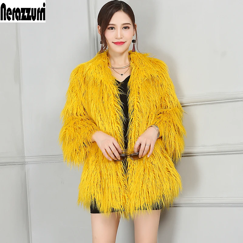 

Nerazzurri Faux Fur Jacket Women 2019 Yellow Shaggy Furry Hairy Fake Lamb Fur Coat Colored Plus Size Mongolia Sheep Fur 5XL 6XL