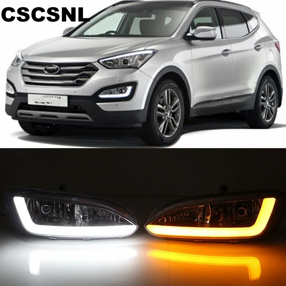 

CSCSNL 1 set 12V ABS LED DRL Daytime Running Lights With turnning yellow signal Lamp For Hyundai Santa Fe IX45 2013 2014 2015
