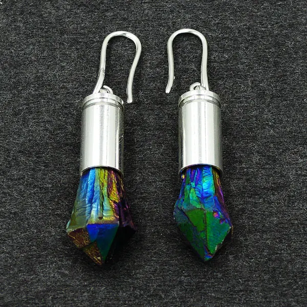 

Titanium Rainbow Crystal Cluster Point Glued Silver Bullet Shell Cap Earrings Jewelry Approx 40*8 mm