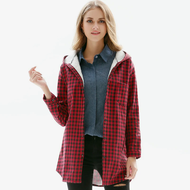 Women Plus Size Hooded Plaid Long Jacket 2018 Autumn Winter Waman