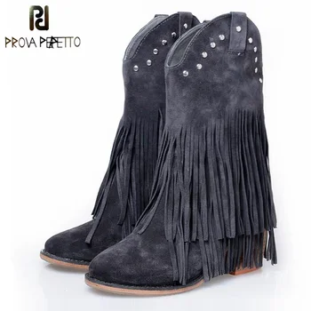 

Prova Perfetto Full Fringed Women Mid-calf Boots Suede Tassels Chunky High Heel Boot Slip On Rivets Studded Martin Boots Mujer