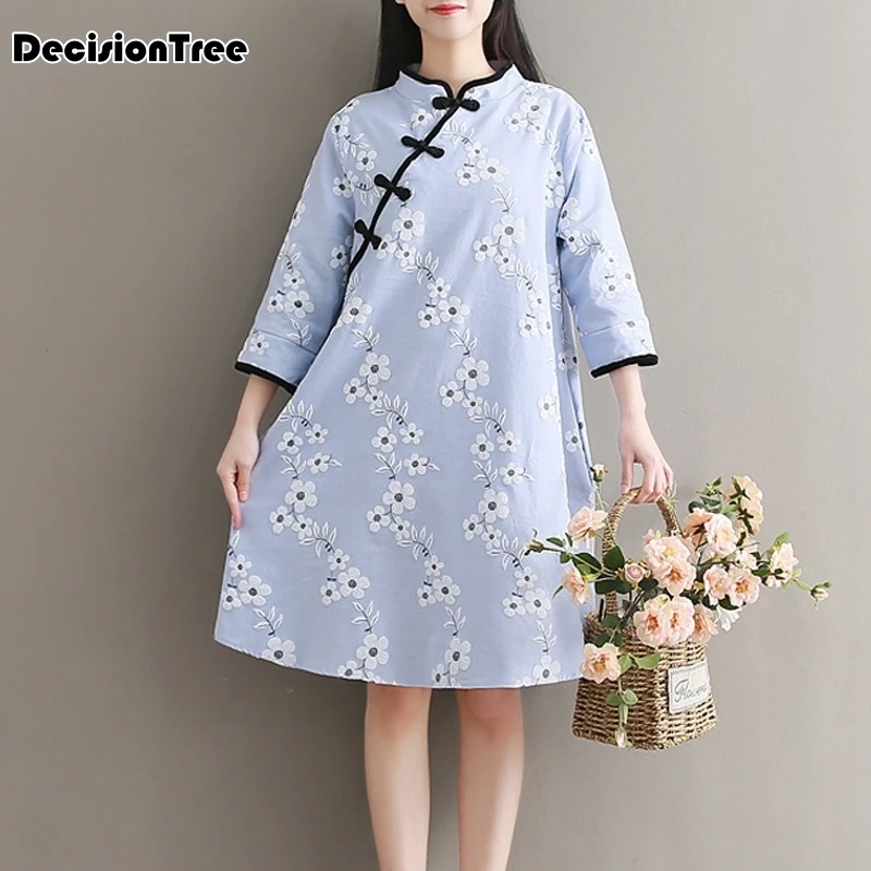 

2019 summer arrival vintage linen short qipao dresses chinese tradition women's cheongsam dress light blue flower dress