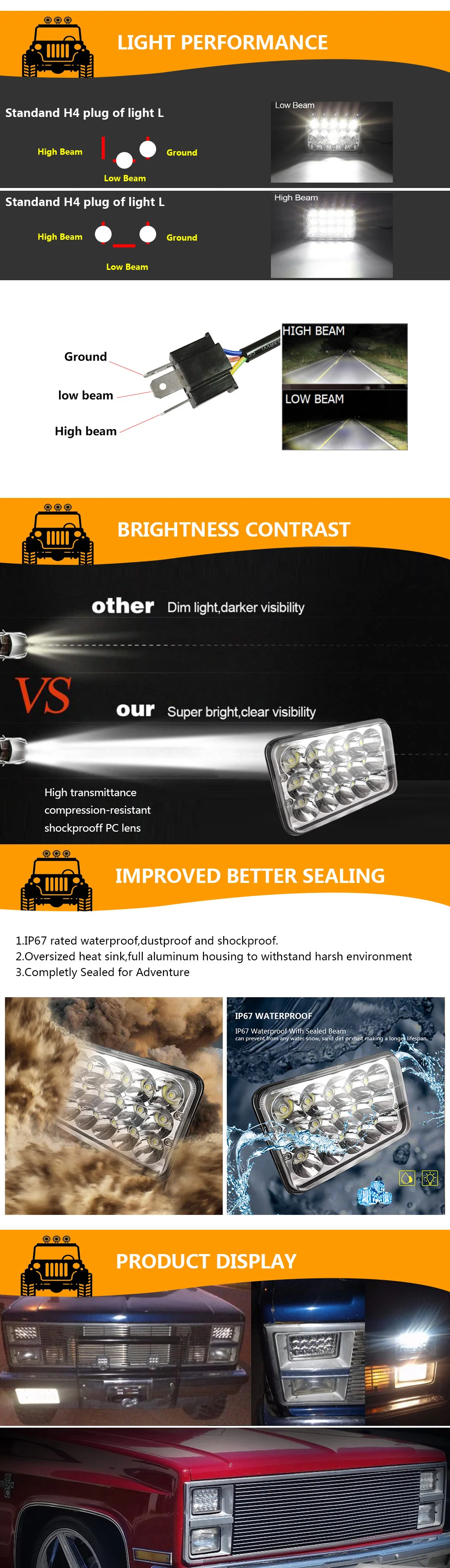 2pcs 45W LED WORK LIGHT H4 4X6 12V 24V high low beam for Off Road auto headlights truck rampe jeep wrangler jk Cherokee XJ lamps