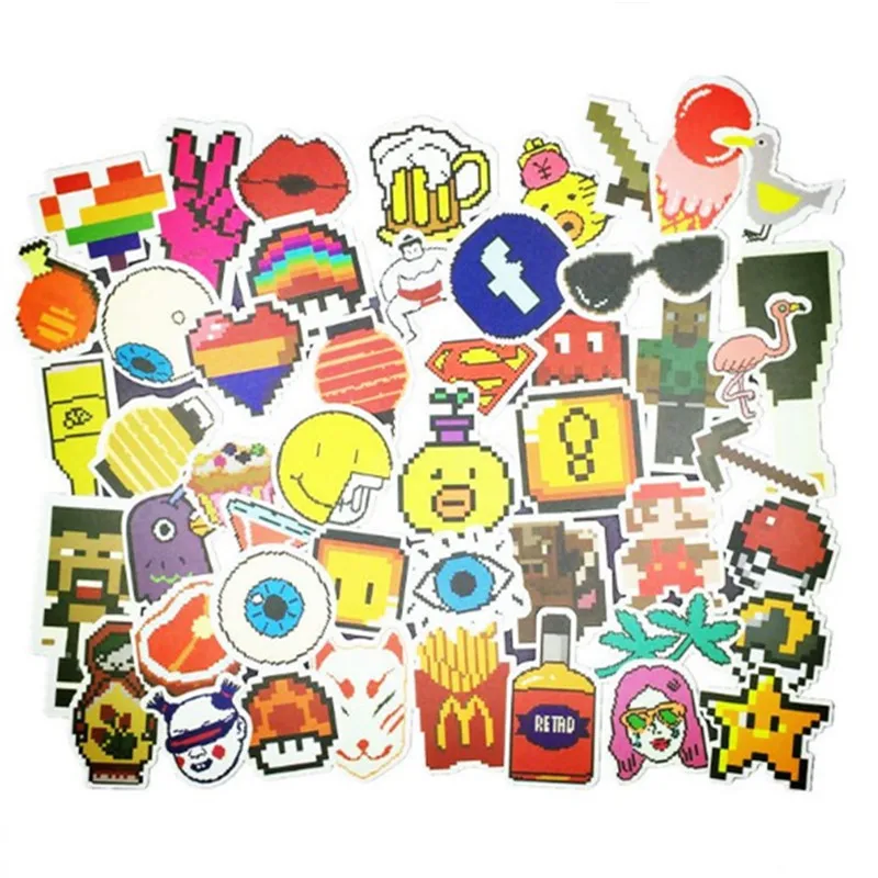 

48Pcs animals lover Stickers Funny Cartoon Mario Mosaic Pixels Decals Luggage Laptop Car Styling Skateboad DIY Sticker