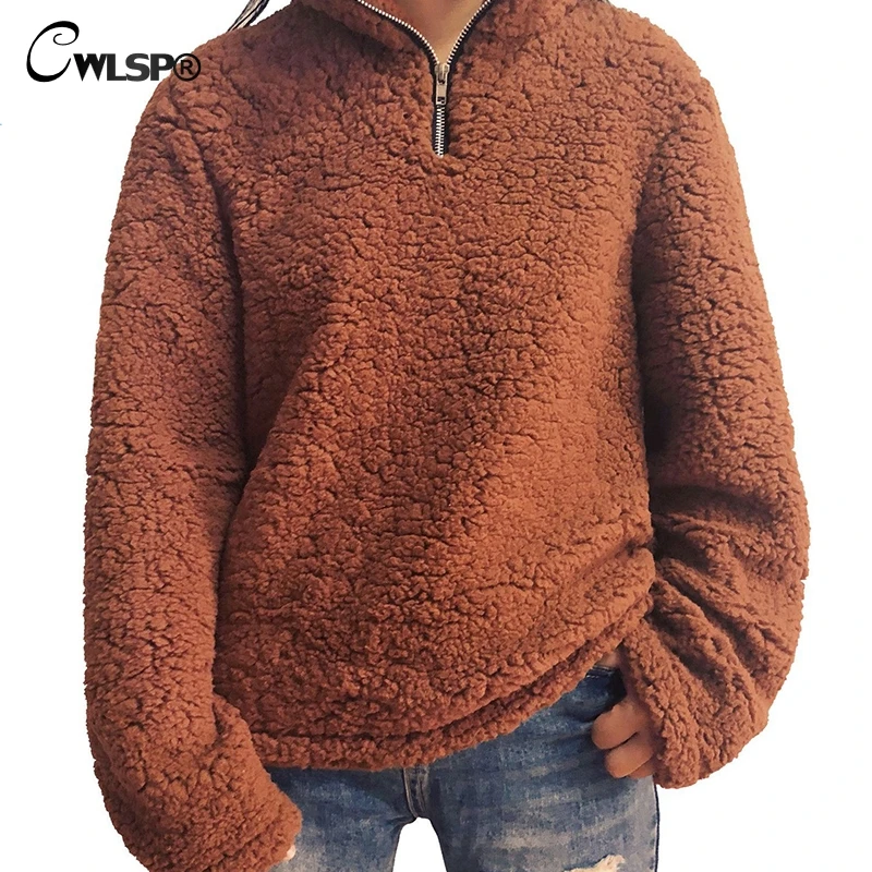 

CWLSP 2018 Autumn Winter Plush Zipper Women Loose Sweatshirt Casual Warm Tops 6 Color Plus Size Pullovers Pull Femme QZ3120