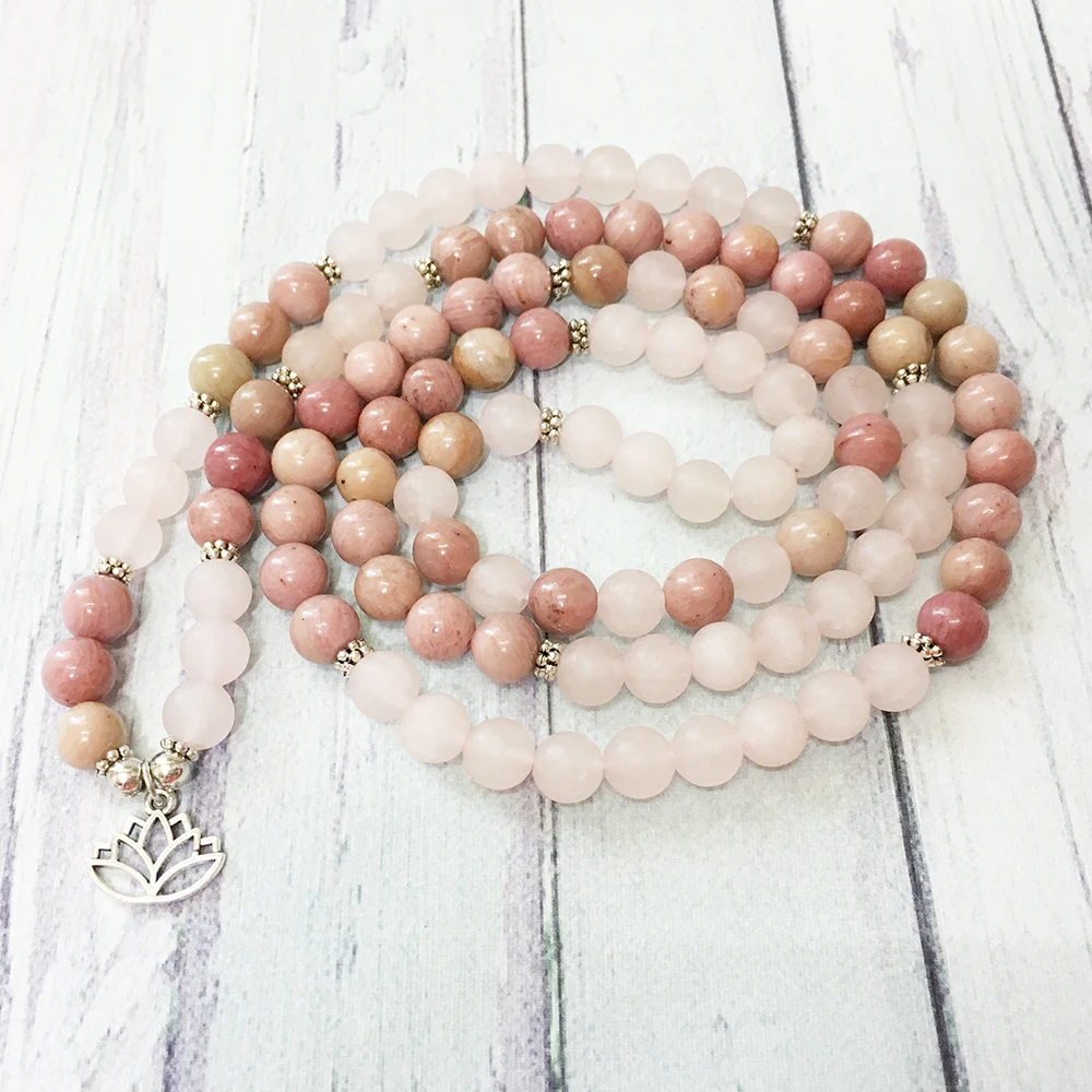 Price Ruberthen Matte Rose Quart z 108 Mala Bracelet Rhodonite Lotus Charm Necklace Trendy Fashion Yoga Balance Bracelet for Women