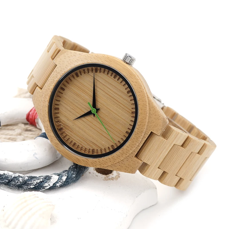 BOBO BIRD V-G26 Basic Mens Bamboo Wood Wristwatch Bamboo Face Green Second Quartz Watch with Bamboo Strap saat erkekler
