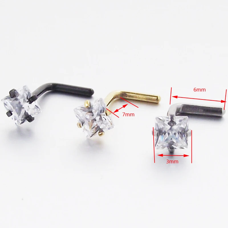 

2 Pieces Stainless Steel Gold Square Zircon Nose Stud Ring L Shape Nose Rings Tragus Earring Body Piercing Jewelry