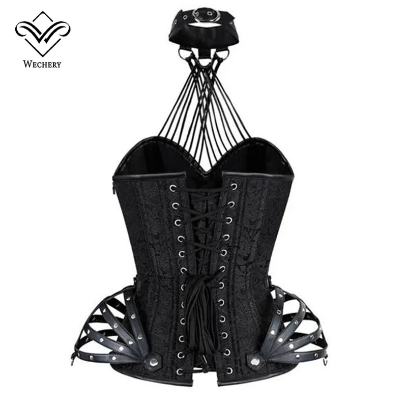 Wechery Steampunk Corset Gothic Clothing Sexy Faux leather Halter Steel Boned Zip Corsets And Bustiers Modeling Strap Newest