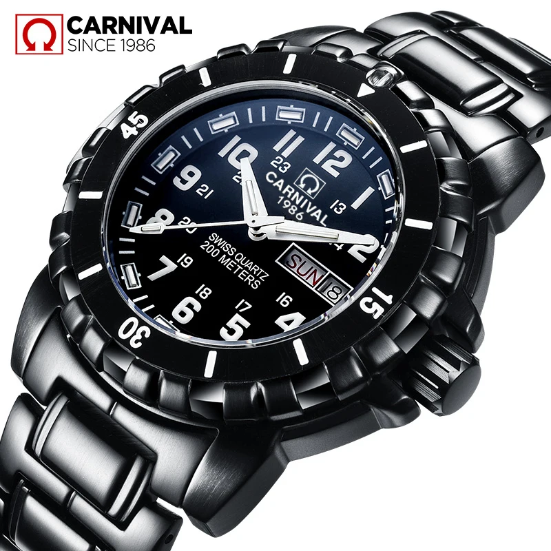 

Carnival Series Tritium Luminous Men's Sport Diving Watches Military Waterproof 200M Black Steel Strap Men Watch 2018