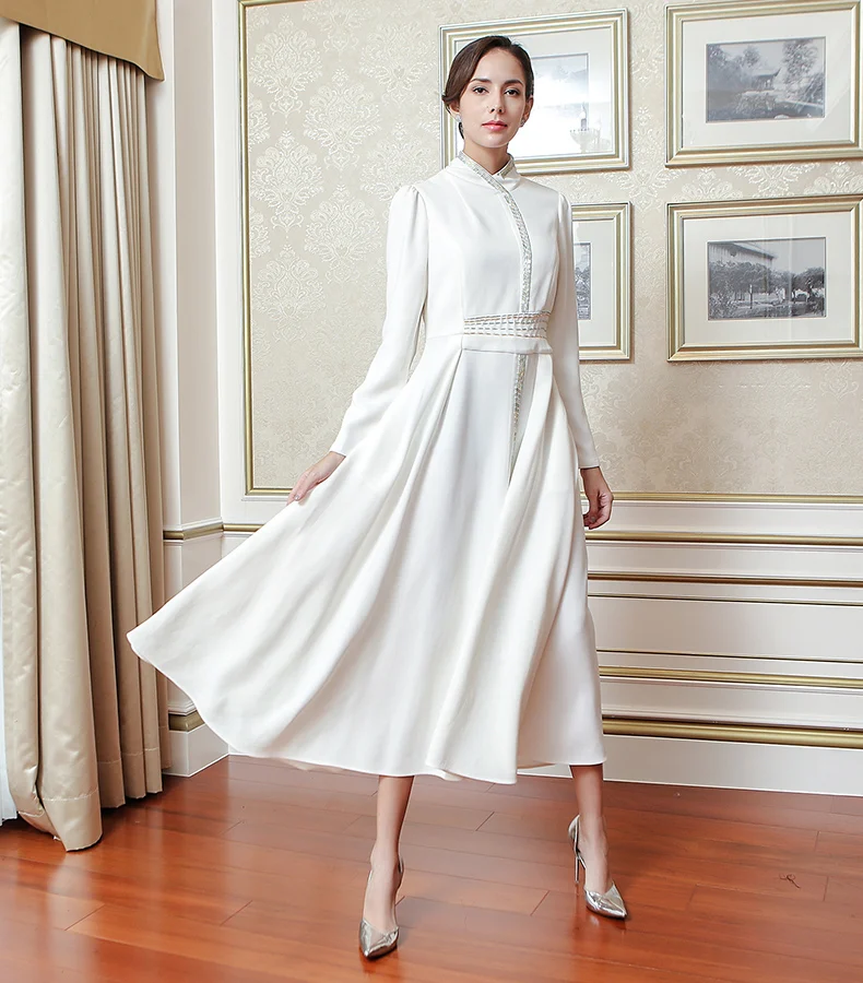 VOA тяжелый шелк женские длинные платья осень сырой белый размера плюс 5XL элегантный тонкий туника платье Короткое одноцветное высокое качество люкс ALX11701