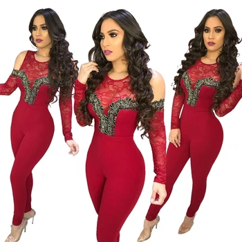 

Sexy Women Lace Patchwork Jumpsuits Wine Red Bodycon Long Sleeve Party Playsuits Bodysuit