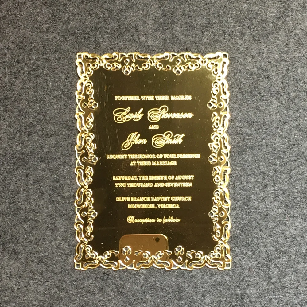  Personalised Hollow Out Pattern 5X7inch Golden Mirror Acrylic Wedding Invitation Card 100 Sets Per  - 32830031389