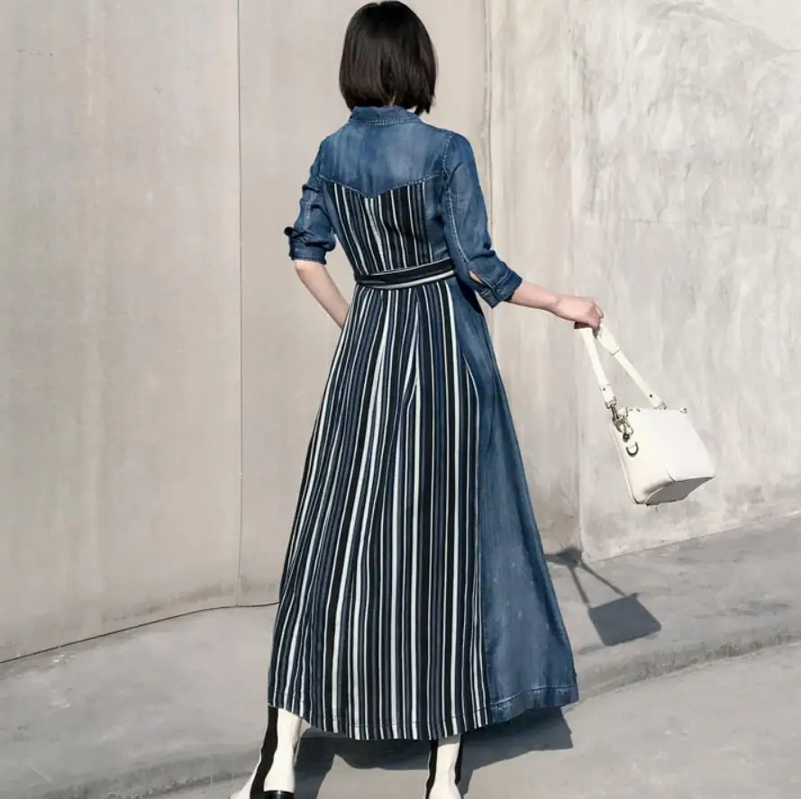 spring summer new denim stripe stitching Tencel