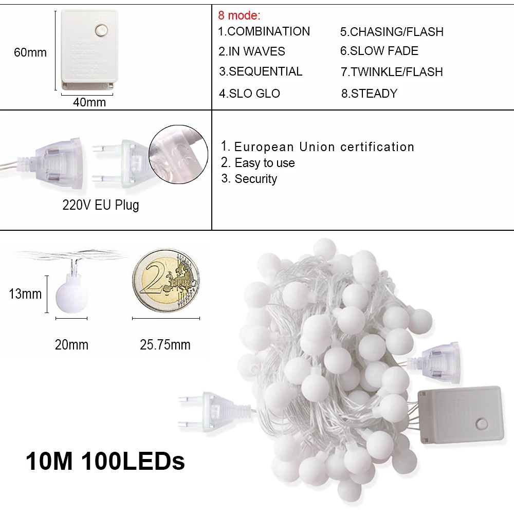 US $10.06 220V EU Plug LED Light Garland Balls Chain Lamp Holiday String Lights Wedding Home Party Lights Outdoor 10M 100LEDs Fairy Lights