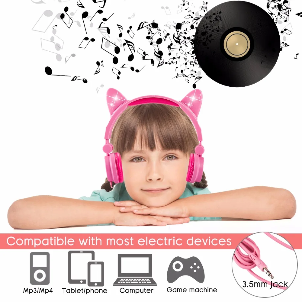 JINSERTA Cat Ear Headphones Glowing Headset 3 5mm Kids Earphones with USB Charging Port For Girls Childrens Christmas Gifts