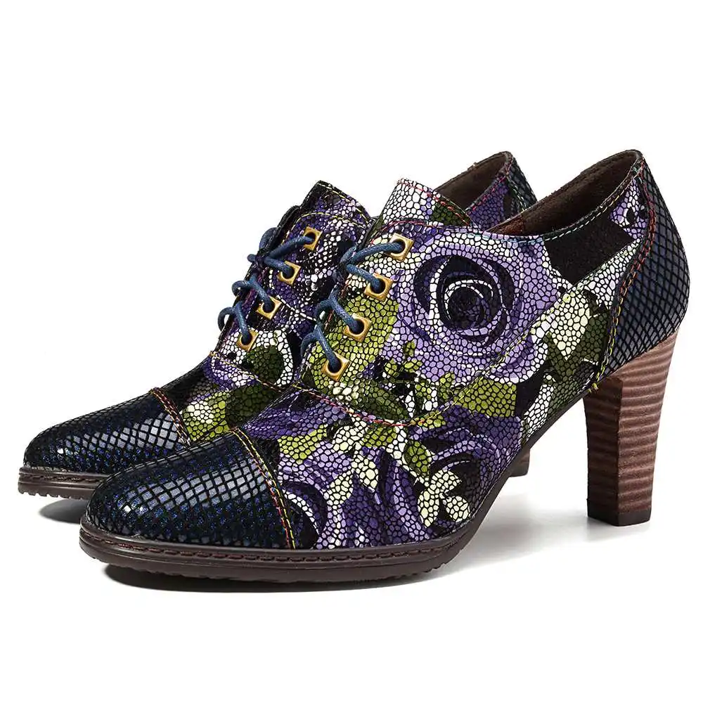 SOCOFY/Стильные туфли-лодочки из натуральной кожи на высоком каблуке 8 см со шнуровкой и цветком; Ботильоны на молнии