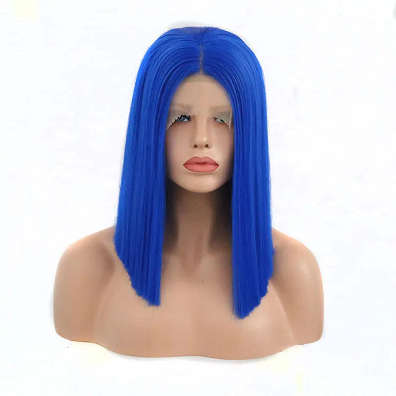 

Bombshell Short Straight Bob Blue Color Hand Tied Synthetic Lace Front Wig Heat Resistant Fiber Middle Paring For White women