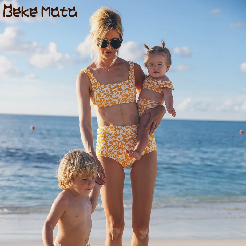 

Mother Daughter Swimwear Floral Print Mommy And Me Clothes High Waist Family Look Mom And Daughter Swimsuits Mum Girl Bikini
