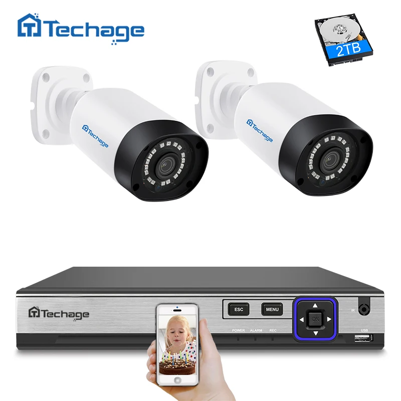Prix Techage H.265 4CH CCTV Surveillance Kit Système de Caméra de Sécurité 4MP 4CH POE NVR Avec 2 pcs En Plein Air Étanche 4MP POE IP Caméra